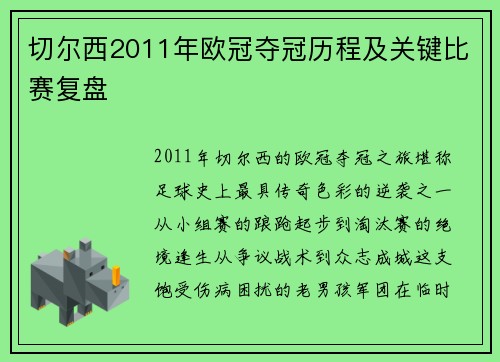 切尔西2011年欧冠夺冠历程及关键比赛复盘